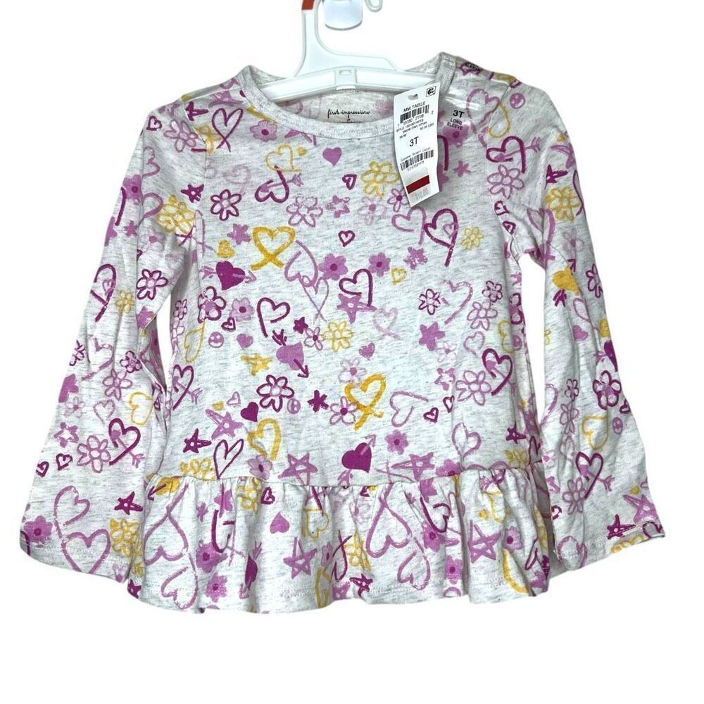 NEW First Impressions Long Sleeve Peplum Top – Hearts & Flowers Print 3T